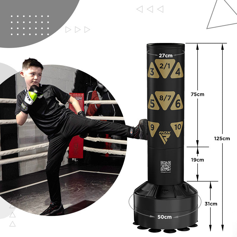 RDX Kt Ronin 4ft 2-In-1 Kids Free Standing Punch Bag Black With Gloves For Training & Workout Set#color_golden