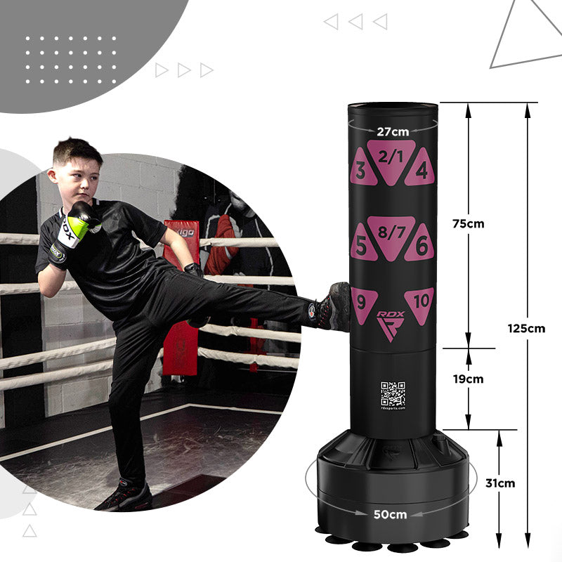 RDX Kt Ronin 4ft 2-In-1 Kids Free Standing Punch Bag Black With Gloves For Training & Workout Set#color_pink